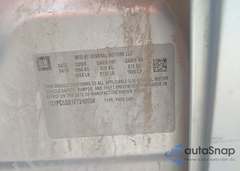 2015 Chevrolet Cruze 1Lt Auto из США, поврежденный, VIN 1G1PC5SB1F7248834